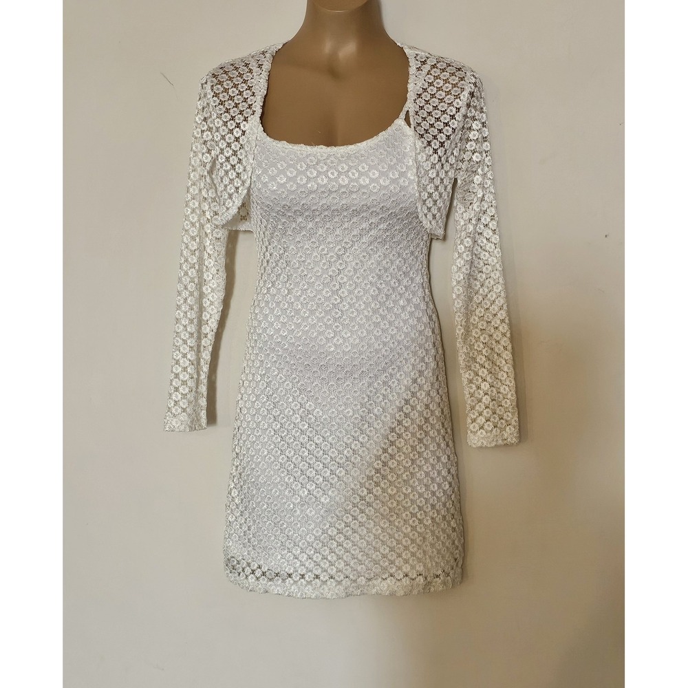 White Lace Overlay Summer Mini Dress W/ Matching Lace Bolero‎ Jacket sz S